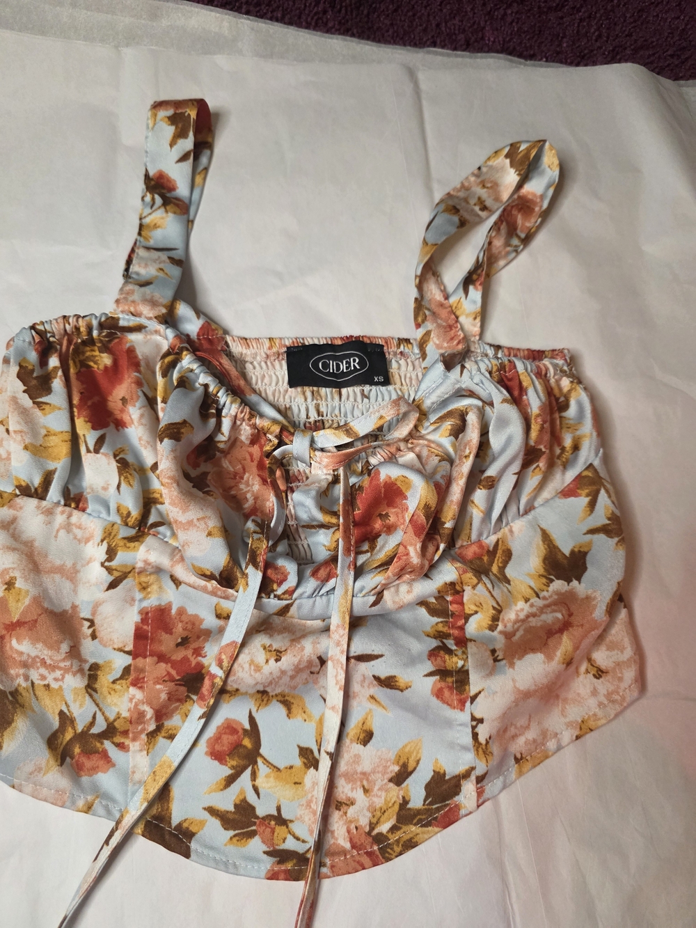 Cider Blue Floral Tie-Front Camisole with Peach & Gold Blossoms SIZE XS